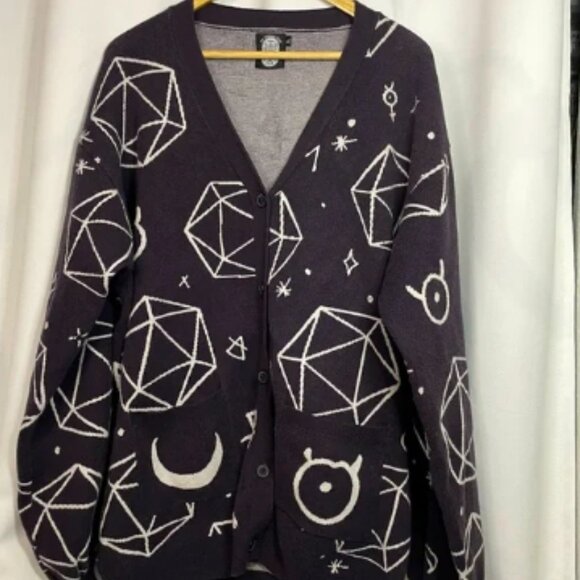 We Crowing Hens dark purple & white Dice & Runes Patterned Cardigan sz XL - Picture 1 of 5